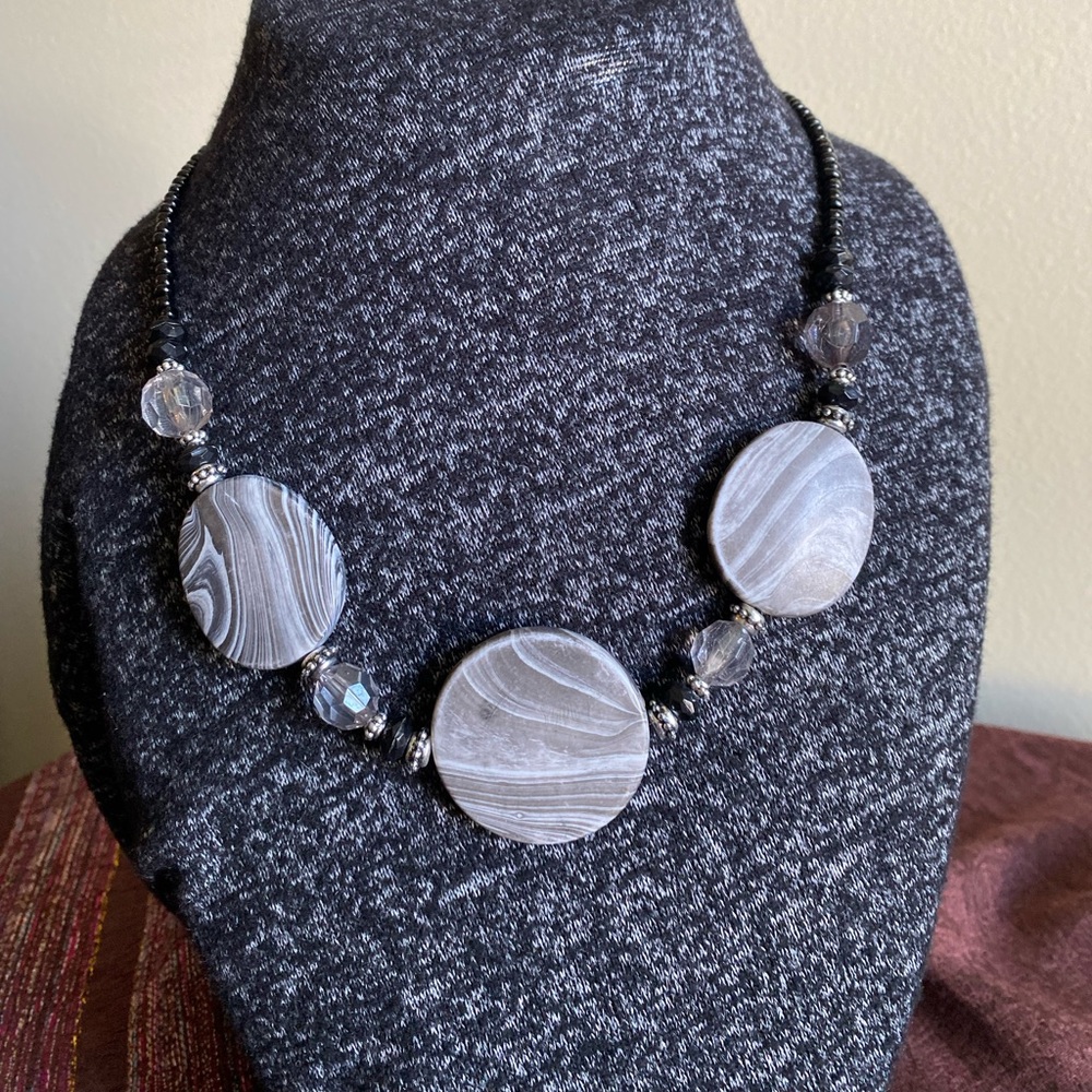 EARTHY looking black/grey/silver beaded necklace